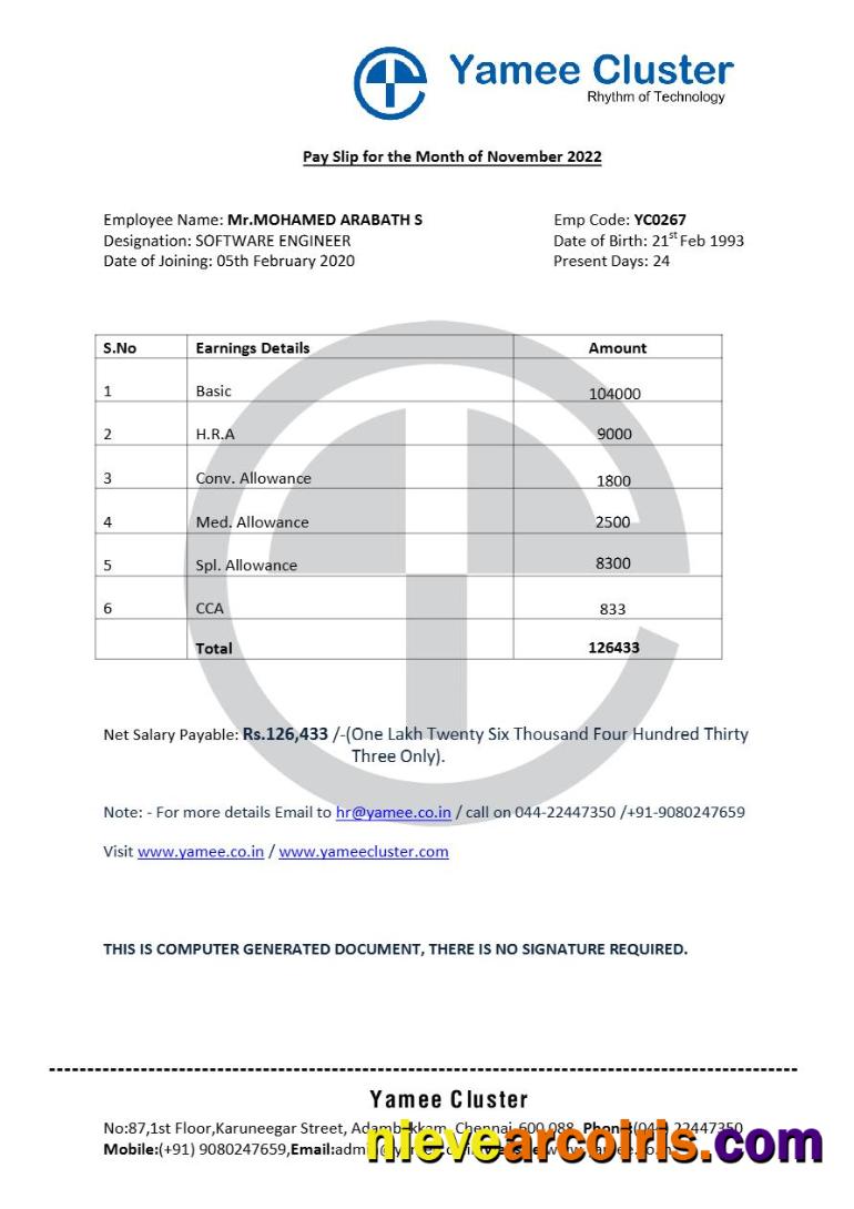 Yamee Cluster software company payslip 3